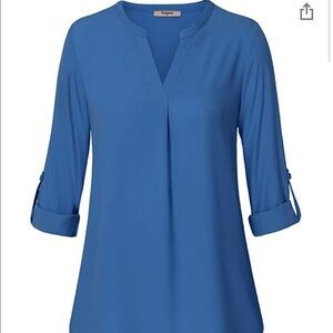 Casual Chiffon V Neck Cuffed Sleeve Blue blouse